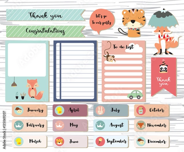 Fototapeta Cute note and sticker with tiger,fox,car,rabbit and panda