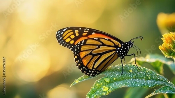 Fototapeta Close Up of a Monarch Butterfly Perched on a Green Leaf with Soft Bokeh Background