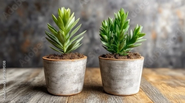 Obraz Two small succulent plants in rustic gray pots sit on a wooden surface against a textured gray background. The lighting is soft and natural.