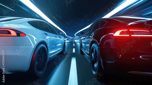 Fototapeta Two sleek electric cars racing through a futuristic tunnel, showcasing speed and innovation in a vibrant environment