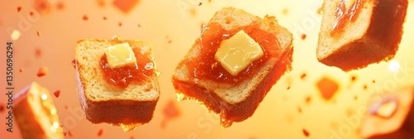 Obraz Slices of toasted brioche with melted butter and strawberry jam