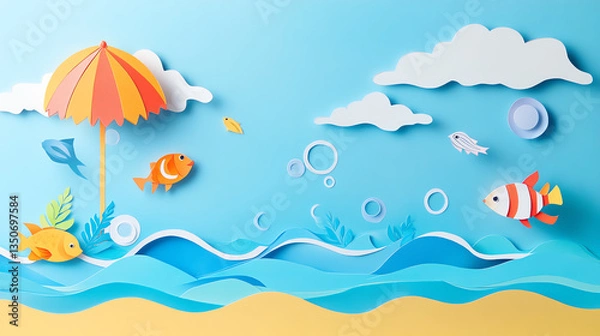 Fototapeta Colorful paper art ocean scene with fish and umbrella.