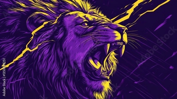 Fototapeta A fierce lion roaring with vibrant purple and yellow colors, surrounded by abstract lightning effects