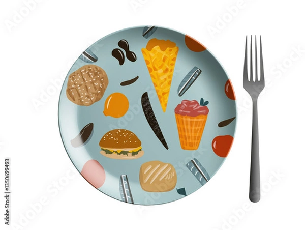 Fototapeta Whimsical Plate Design Featuring Colorful Food Illustrations with Fork