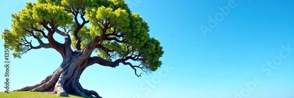 Fototapeta An ancient tree with gnarled branches against a clear blue sky, natural, tree, ancient