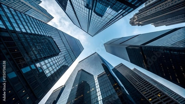 Fototapeta Upward perspective of modern glass skyscrapers reaching into a blue sky, highlighting advanced urban planning, corporate hubs and the sleek design of metropolitan architecture