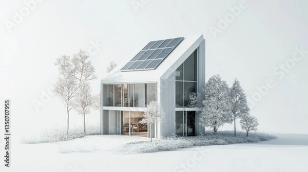 Fototapeta Modern minimalist solar powered house, 3D rendering.