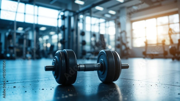 Fototapeta black dumbbell lies on the gym floor, glistening with sweat droplets. The blurred background showcases various workout machines, bathed in soft blue lighting from the large windows.