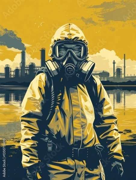 Obraz Man in a yellow hazmat suit stands in front of a factory