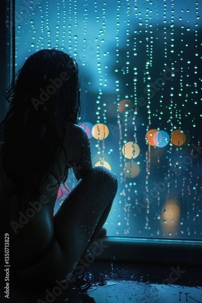 Obraz Woman is sitting in a window with raindrops on the glass