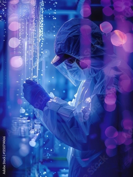 Obraz Man in a lab coat is wearing a mask and gloves