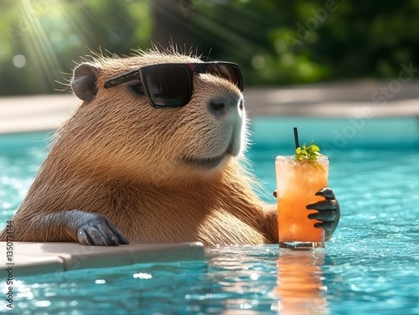 Fototapeta Capybara Relaxing in Swimming Pool with Cocktail and Sunglasses