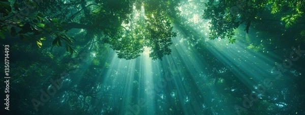 Obraz Lush green forest with sunlight shining through the trees