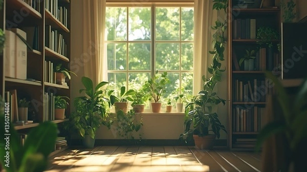 Obraz 식물과 자연광이 가득한 평화로운 실내, AI 생성