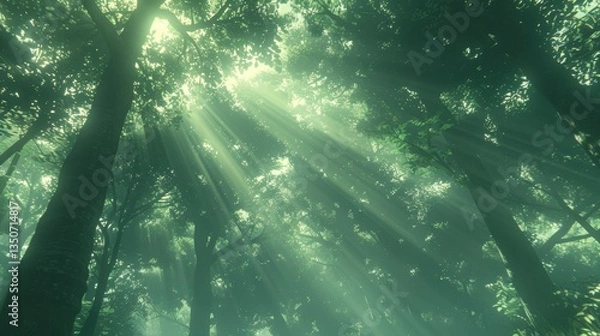 Obraz Forest with sunlight shining through the trees