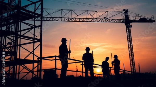 Fototapeta Construction workers stand silhouetted against a sunset, surrounded by scaffolding and towering cranes, symbolizing progress, teamwork, and urban development.