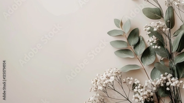 Obraz White background with a bunch of green leaves and white flowers