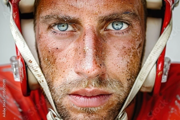 Obraz Man with a red helmet and blue eyes