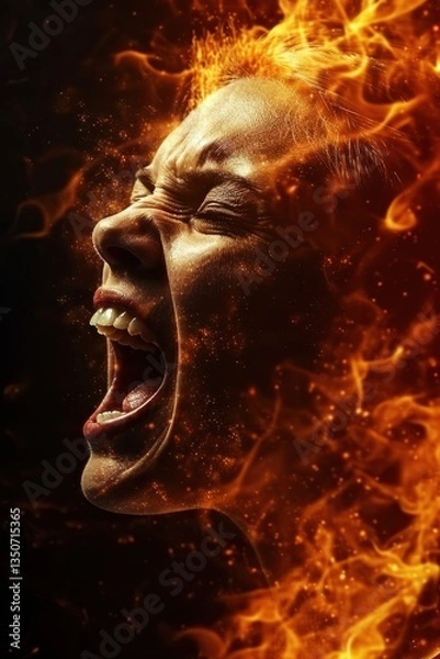 Obraz Woman's face is surrounded by fire, with her mouth open and teeth showing