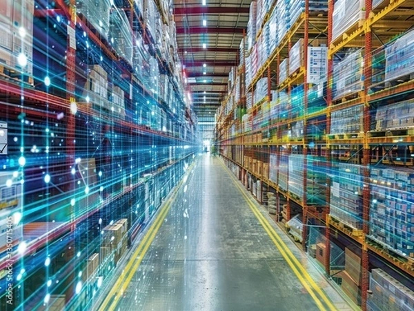 Obraz Warehouse with a lot of boxes and shelves
