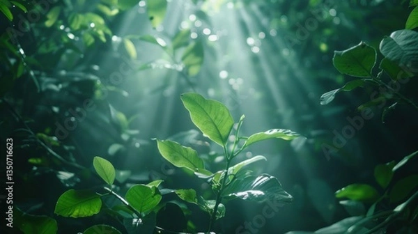 Obraz Lush green forest with sunlight shining through the leaves