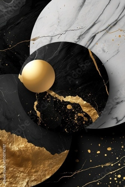 Obraz Gold and black abstract painting with a gold circle in the middle
