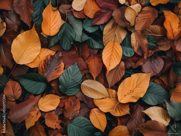 Obraz Pile of leaves with a variety of colors, including orange, green, and brown