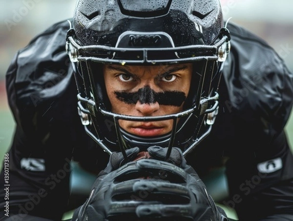 Obraz Football player with a black helmet and a black jersey is holding a football