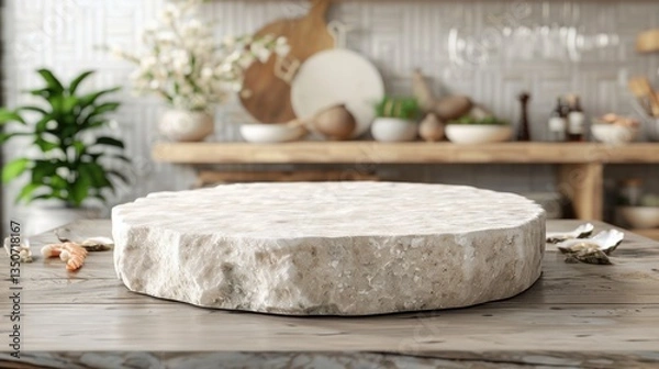 Obraz Large stone slab sits on a wooden table in a kitchen