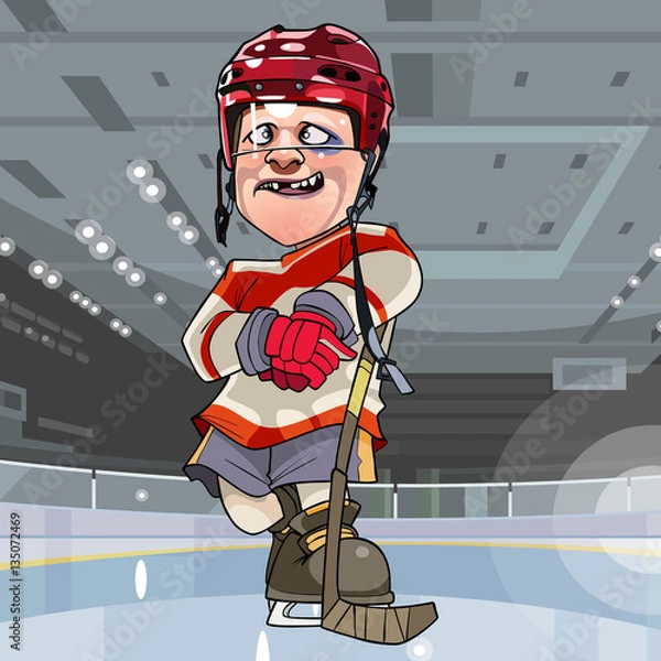 Fototapeta funny cartoon hockey player with bruise under an eye standing on the ice