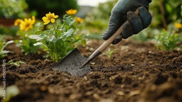 Fototapeta Gardening Hand Planting Flowers Spring Season Soil Trowel Garden Work Planting Yellow Flowers Nature Closeup Agriculture Farm     