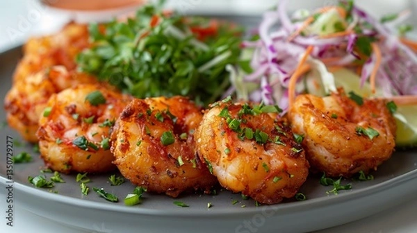 Fototapeta Brazilian acaraj bean fritters shrimp and salad neatly plated on white background