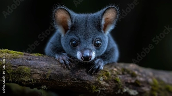 Fototapeta Adorable baby possum on a branch.  Close-up of a young, dark gray possum, perched on a weathered log, with large, expressive eyes. 