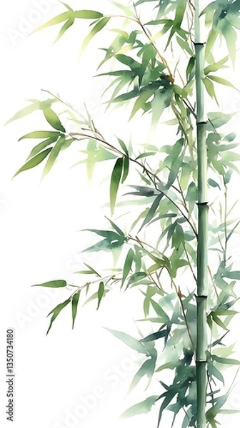 Fototapeta Tranquil Bamboo Watercolor Art A Vertical Composition of Green Leaves and Stalks on White Canvas