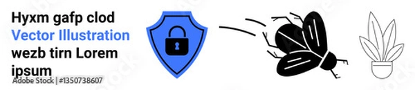 Fototapeta Blue security badge with lock, black flying bug moving towards a potted plant. Ideal for cybersecurity, hacking prevention, nature contrast, online safety, threat detection, digital awareness, flat