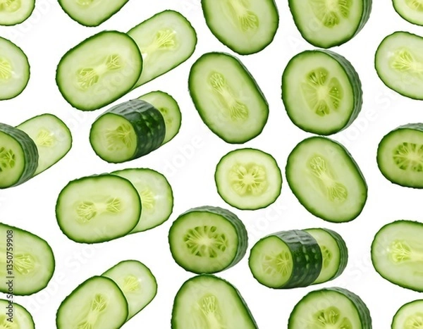 Obraz Fresh Cucumber Slices Falling on White Background