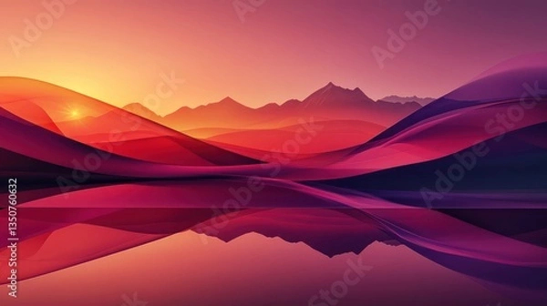 Fototapeta A surreal digital landscape where abstract geometric shapes and smooth lines in shades of red, orange, and pink transition into a deep purple gradient