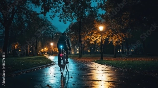 Fototapeta Cyclist riding at night in park.