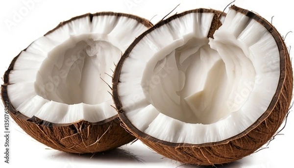 Fototapeta Two Halves of Fresh Coconut Isolated on White