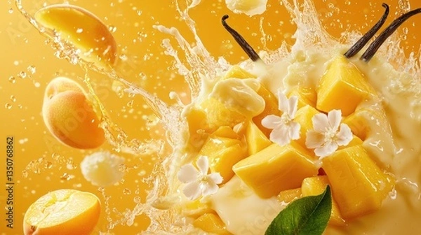 Obraz create a realsitic high quality image of frozen mangos exploding all around, peaches, vanilla bean pods and small white flower petals with a transparent liquid