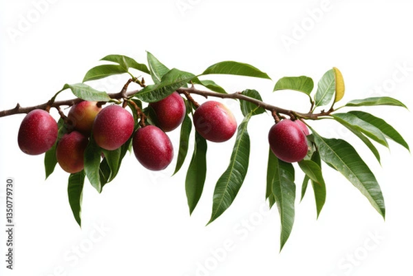 Fototapeta Isolated tropical mango tree branch with ripened fruit on white background close-up nature photography outdoor setting freshness concept