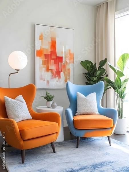 Fototapeta Minimalist interior design of modern living room 2025 with vibrant colorful multicolored armchairs.


