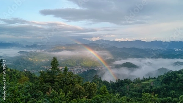 Fototapeta Mountaintop Rainbow for Misty Valley Dawn.