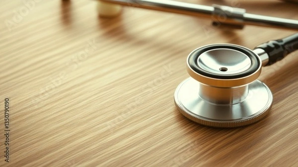 Fototapeta Stethoscope on a wooden desk, symbolizing care and precision in medicine.
