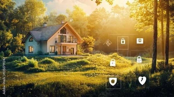 Fototapeta Smart home security system in a tranquil forest setting at sunset.