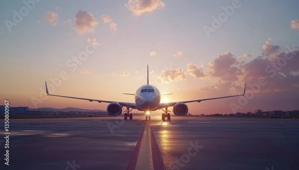 Fototapeta Airplane on runway at sunset, ready for takeoff (5)
