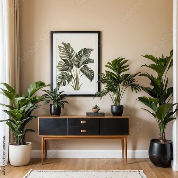 Obraz Modern Living Room Interior with Plants and Mid-Century Modern Console Table