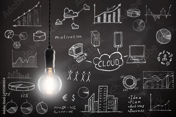 Fototapeta concept - sketch with schemes and graphs on chalkboard
