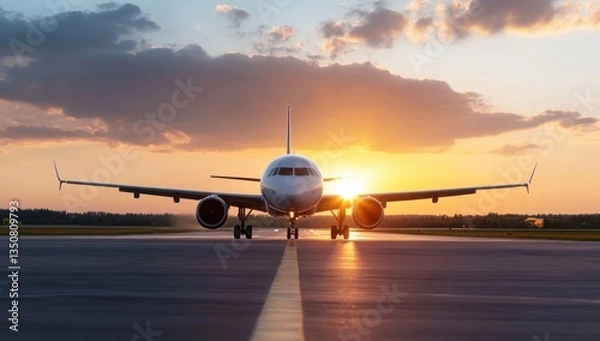 Fototapeta Airplane on runway at sunset, ready for takeoff (3)