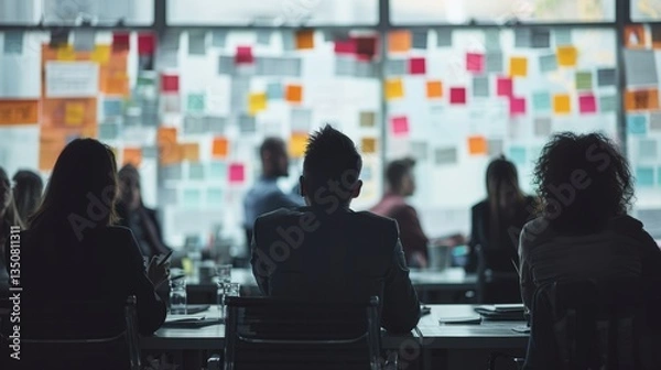 Obraz Group of people are sitting at a table with a whiteboard behind them